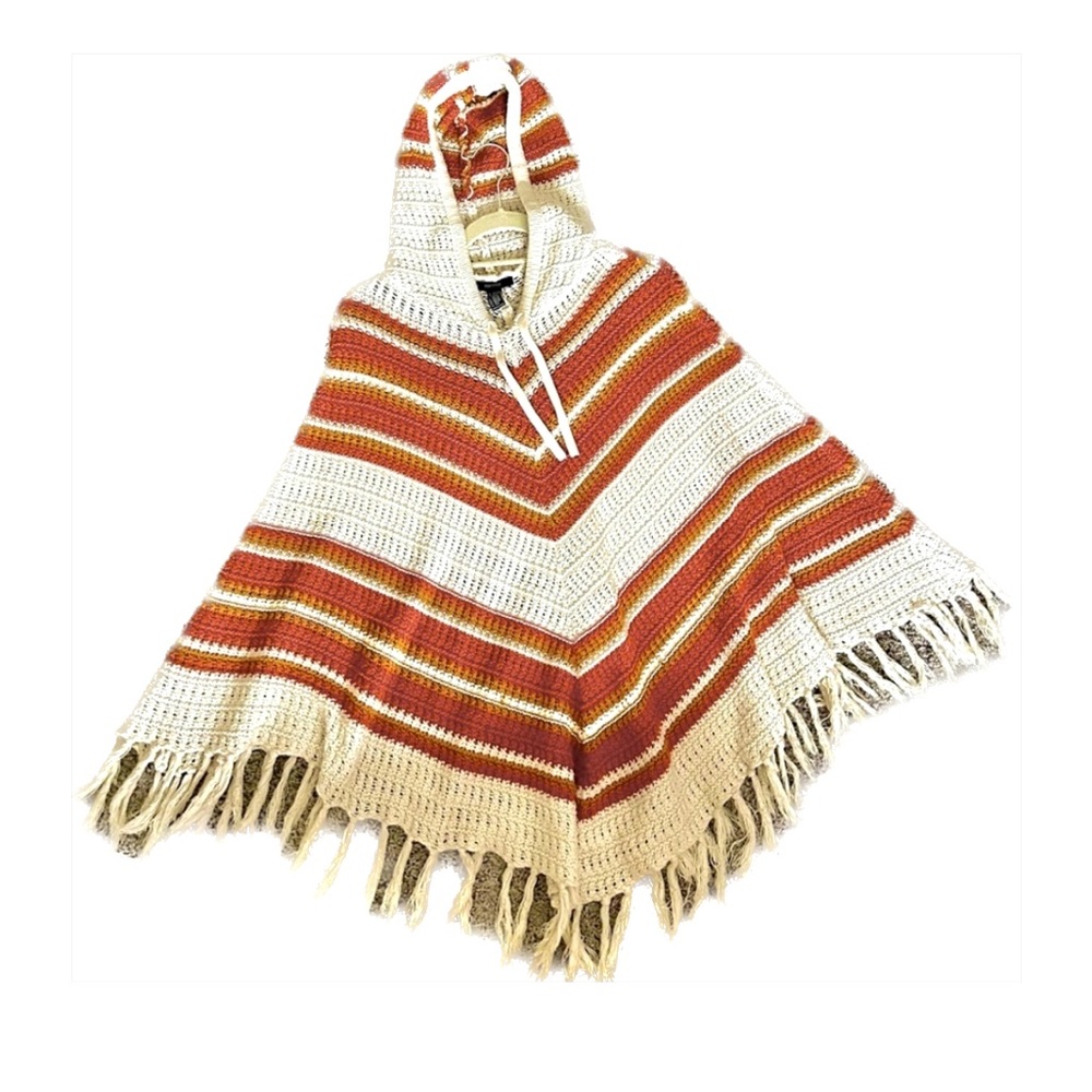 Orange Knit Hooded Poncho Rust Sweater With Hood Stripes